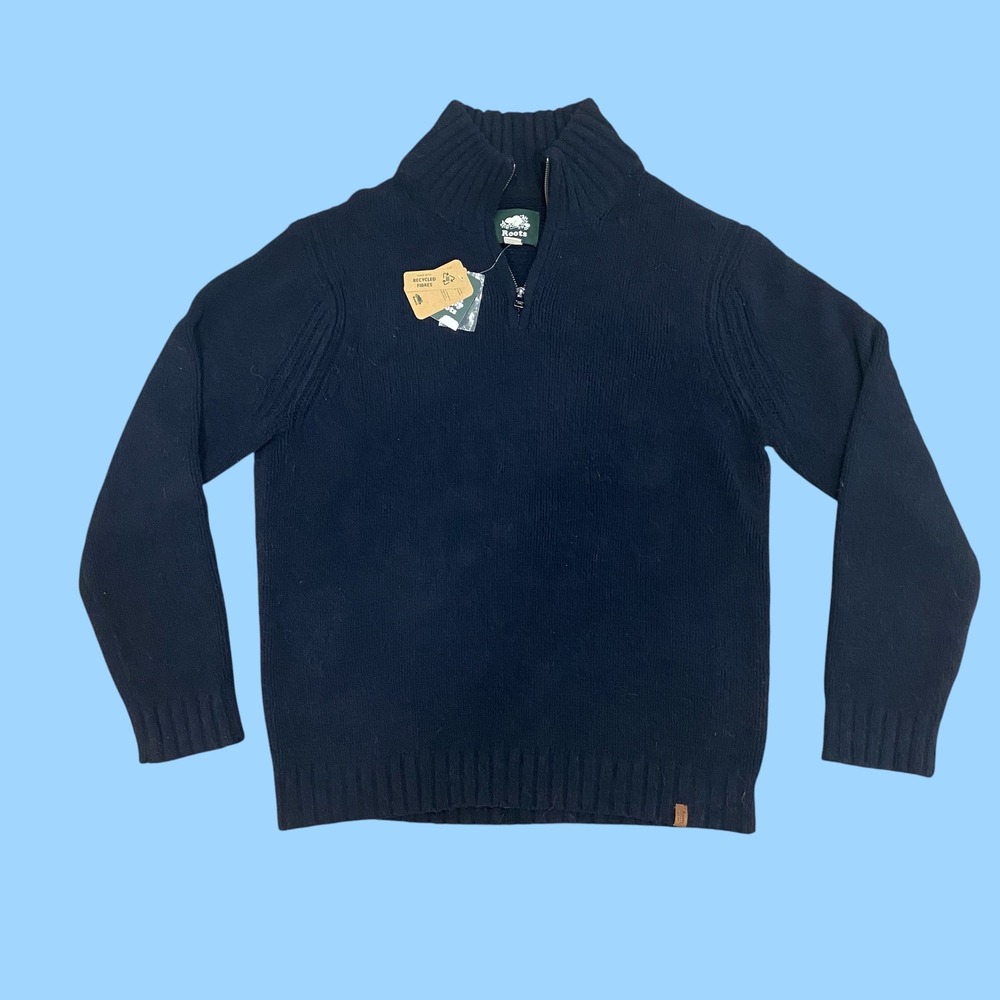 Roots Mens Dawson Quarter Zip Sweater Navy Blazer Recycled Knit Pullover L NEW